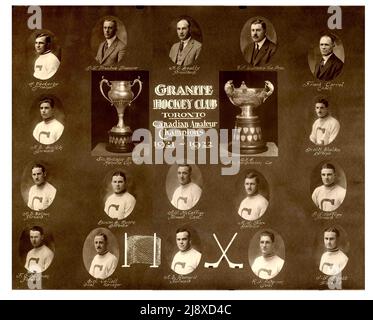 Granite Hockey Club of Toronto, alias Toronto Granites, Canadian Amateur Champions für die 1921-1922; Top Row, von links nach rechts: Trainer Harry Westerby, Schatzmeister D.T. Prentice, Präsident H.E. Beatty, Vizepräsident W.J. Lumbers und Trainer Frank Carroll.zweite Reihe: H.S. Smith, Allan Cup, Robertson Cup und Dr. J.M. Sheldon.Dritte Reihe: Harry Ellis Watson, Duncan Brown Munro, Kapitän Albert John McCaffrey, H.J. Fox und D.J. Jeffrey. Unterste Reihe: F.G. Sullivan, Ernest John Collett, Alexander Edward Romeril, R.F. Anderson und J.T. Aggett Stockfoto