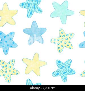 Aquarell von Hand gezeichnete nahtlose Muster des blauen Jungen Baby Dusche Stoffdruck. Pastell Baumschule Sterne Regenbogen Luftballons Wolken. Cute kawaii Geburtstag Einladung Einladung Illustration Design Transport Auto Stockfoto