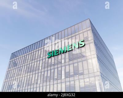 München, Deutschland. 2.Mai 2022. Nur zur redaktionellen Verwendung, 3D CGI. Siemens Signage-Logo auf dem Glasgebäude. Workplace Automation Company Office Headquart Stockfoto