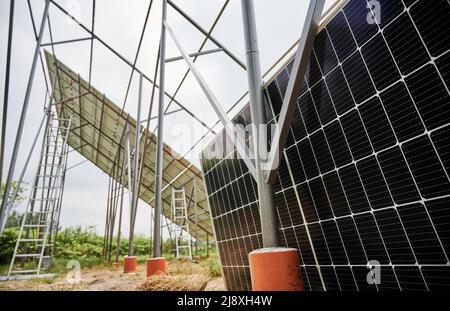 Nahaufnahme von Metallmasten, Schienen, Leitern und Photovoltaik-Sonnenkollektoren unter weißem Himmel. Metalltragwerke und Solarmodule zur Stromerzeugung durch den Photovoltaik-Effekt. Stockfoto