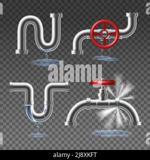 Pipeline platzen und Tropfen und Spritzer Wasser realistisch 2x2 Designkonzept isoliert auf transparenter Hintergrundvektordarstellung Stock Vektor