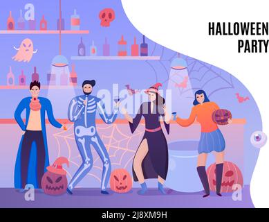 Menschliche Charaktere in Kostümen von Vampir Hexe und Skelett mit Getränke während halloween-Party flache Vektor-Illustration Stock Vektor