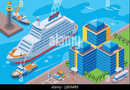 Seaport isometrisches Farbkonzept mit großem Schiff namens Sea Star Segeln im Hafen Vektor-Illustration Stock Vektor