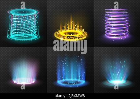 Set von realistischen bunten magischen Portale mit Lichtströmen auf Dunkle transparente Hintergrund isoliert Vektor-Illustration Stock Vektor