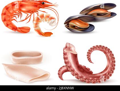 Meeresfrüchte Meeresfrüchte Meeresfrüchte Cocktail realistische Nahaufnahme Elemente mit Garnelen Muscheln Tintenfisch Teile Oktopus Tentakeln isoliert Vektor-Illustration Stock Vektor