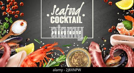 Meeresfrüchte Cocktail Mix realistische Kreidetafel Hintergrund Poster mit Garnelen Muscheln Tintenfisch Tintenfisch Tentakeln Meersalz Vektor-Illustration Stock Vektor