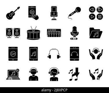 Musikvektor-Symbolsatz. Instrument, Ton. Solide Icon-Stil, Glyphe. Mobile Konzept App-Symbol und Web-Design. Einfaches Design Illustration editierbar Stock Vektor