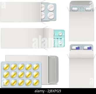 Realistischer Satz von geöffneten Papierverpackungen mit Blasen der Medizin Pillen und Kapseln isoliert Vektor-Illustration Stock Vektor