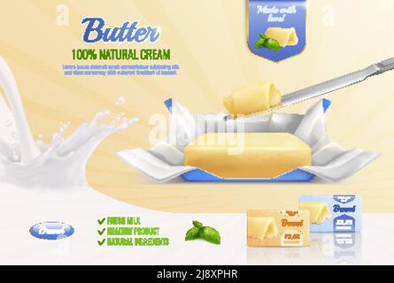 Milchbutter realistische Zusammensetzung als Mockup für Werbemarke mit Text Frische Milch gesundes Produkt natürliche Zutaten Vektor-Illustration Stock Vektor