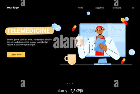 Telemedizin-Banner. Konzept der Online-Arztberatung, Fernversorgung. Vektor-Landing-Page des medizinischen Beratungsdienstes mit flacher Darstellung des Mannes mit Stethoskop und Pillen auf dem Bildschirm Stock Vektor