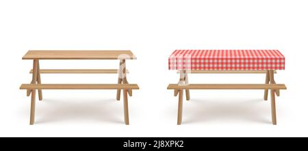 Holzpicknicktisch mit langen Bänken und rot-weiß karierter Tischdecke 3D realistischer Vektor. Camping, Garten oder Park Holzmöbel für Grill mit Sitz und Textilbezug, isoliert auf Hintergrund, Stock Vektor