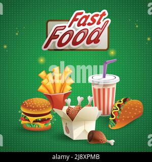 Fast Food Burger Chicken pommes Frites und ein Glas Limonade Trinken auf grünem Hintergrund Cartoon Vektor Illustration Stock Vektor