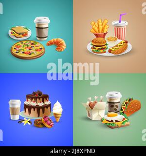 Fast Food Cartoon 2x2 Design-Konzept mit Burger Pizza Sandwiches Kuchen Eis Cola isoliert auf bunten Hintergrund Vektor-Illustration Stock Vektor