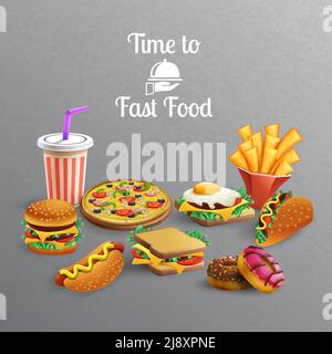 Fast Food Mahlzeit mit Burger Donuts Sandwiches Pizza pommes frites Trinken auf grauem Hintergrund Cartoon Vektor Illustration Stock Vektor