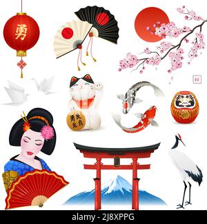 Japanische Kulturtraditionen Symbole realistischer Sonnenuntergang mit Sonne fuji Berg Tor Glück Katze Sakura Zweig Vektor-Illustration Stock Vektor