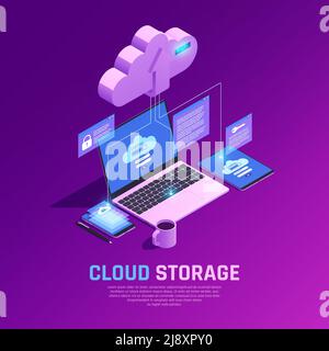 Cloud Office Glow isometrische Zusammensetzung mit Piktogrammen verbunden mit Displays Touchscreens und Gadgets mit Textvektordarstellung Stock Vektor