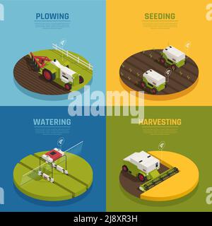 Landwirtschaft Automation Smart Farming 2x2 Design-Konzept mit editierbarem Text Und Bilder von Mähdrescher Maschinen Vektor-Illustration Stock Vektor