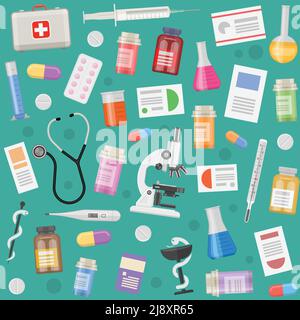Medizinische Objekte Muster mit Verordnungen eguipment und Instrumente Pillen und Kapseln auf blauem Hintergrund Vektor-Illustration Stock Vektor