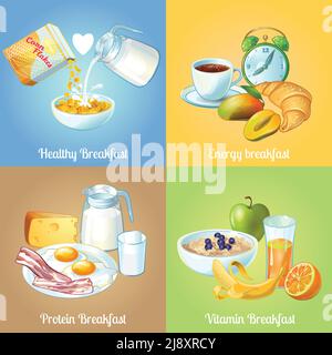 Vier Frühstückssets oder Icon Set mit Protein aus gesunder Energie Und Vitamin-Frühstück Beschreibungen Vektor-Illustration Stock Vektor