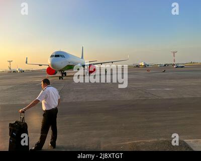 Piloten stehen vor dem Flugzeug Stockfoto