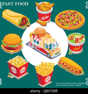 Isometrisches Fast-Food-Konzept mit Street Food Truck Döner Huhn Beine Pizza Salat Hot Dog pommes frites Popcorn Eimer Burger Isolierte Vektorgrafik Stock Vektor