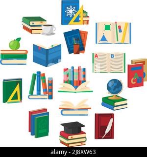 Runde Komposition von isolierten dekorativen Symbolen von Schulsachen Bücher Von unterschiedlicher Farbe auf leerer Hintergrund Vektorgrafik Stock Vektor