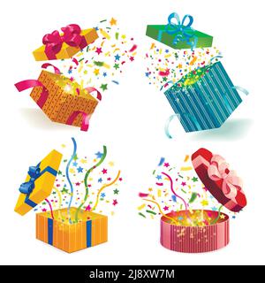 Offene Geschenkboxen in verschiedenen Designs und Feuerwerk von Konfetti 3d-Einstellung der isolierten Vektordarstellung Stock Vektor