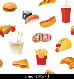 Isolierte gezeichnete Fastfood-Elemente mit essentiellen Junk-Food-Symbole Burger und Süßigkeiten auf leerem Hintergrund Vektorgrafik Stock Vektor