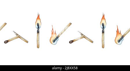 Aquarell Illustration Muster Matchstick horizontal. Hol dir die Flamme. Zünden Sie das Feuer an. Verbrannter Holzstab. Handgezeichnete Kritzeleien. Isoliert auf weißem Hintergrund Stockfoto