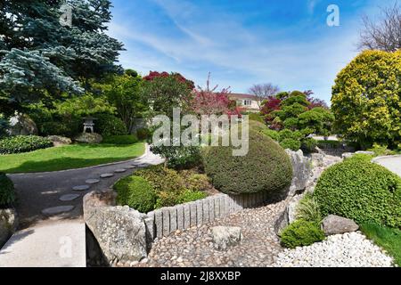 Freiburg, Deutschland - April 2022: Traditioneller japanischer Garten im öffentlichen Park „Seepark“ Stockfoto