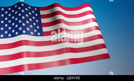 Amerikanische Flagge winkt im Wind auf blauem Himmel Hintergrund. USA-Flagge. Flagge der Vereinigten Staaten. Stockfoto