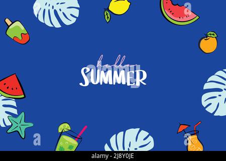 Hallo Sommer Banner Design handgezeichnete Stil. Sommer mit Kritzeleien und Objekten Elemente für Strand Party Hintergrund. Stock Vektor