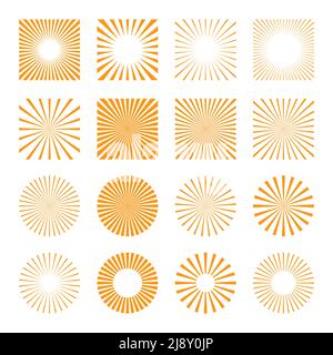 Set von Sonnenstrahlen Starburst Hintergrund. Sunburst-Symbole für Sommer-Elemente. Stock Vektor