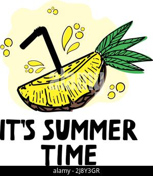 Vorlage für eine helle Sommerkarte oder ein Poster mit einer geschnittenen Ananas, handgezeichneter Doodle in einem abgeflachten Stil. Sommer. Ananas mit Limonadenstroh. Han Stock Vektor