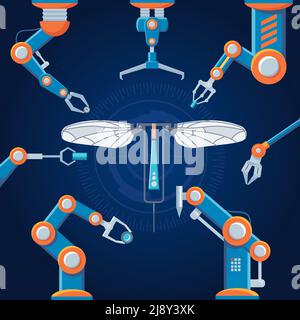 Engineering Fertigung Roboter-Set mit mechanischen automatischen Arme Montage futuristisch Konstruktionsvektordarstellung Stock Vektor