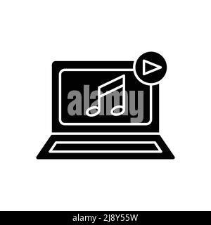 Notebook-Vektorsymbol mit Ton und Starttaste. Musik, Musik wiedergeben. Durchgehende Symbolform, Glyphe. Einfaches Design Illustration editierbar Stock Vektor