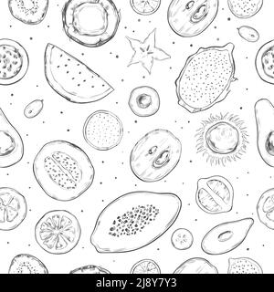 Handgezeichnete exotische Produkte nahtlose Muster mit natürlichen Früchten und Beeren im monochromen Stil Vektor-Illustration Stock Vektor