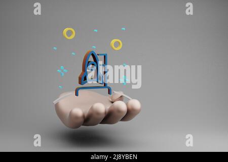 Schöne abstrakte Illustrationen Golden Hand Holding Rocket und Start Symbol-Symbol auf einem grauen Hintergrund. 3D Rendering-Illustration. Weltraumforschung. Stockfoto