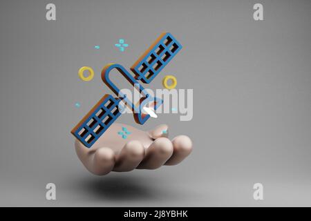 Schöne abstrakte Illustrationen Golden Hand Holding Satellite Symbol Symbol auf einem grauen Hintergrund. 3D Rendering-Illustration. Weltraumforschung. Stockfoto