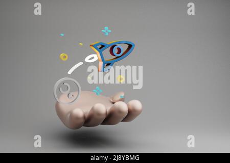 Schöne abstrakte Illustrationen Golden Hand Holding Rocket Launch Symbol Symbol auf einem grauen Hintergrund. 3D Rendering-Illustration. Weltraumforschung. Stockfoto