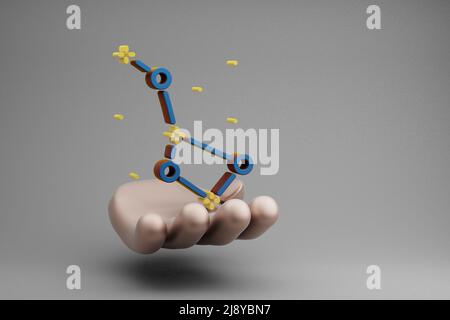 Schöne abstrakte Illustrationen Goldene Hand halten Konstellation Symbol Symbol Symbol auf einem grauen Hintergrund. 3D Rendering-Illustration. Weltraumforschung. Stockfoto