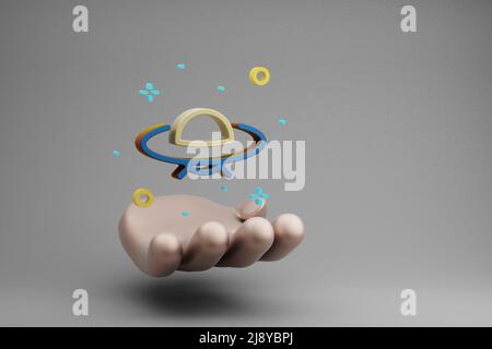 Schöne abstrakte Illustrationen Goldene Hand hält UFO und Start Symbol-Symbol auf einem grauen Hintergrund. 3D Rendering-Illustration. Weltraumforschung. Stockfoto