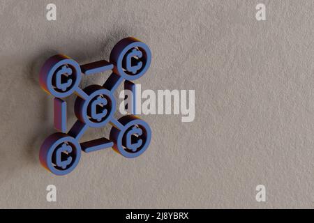 Schöne abstrakte Illustrationen blau Blockchain Coins Symbol-Symbole auf einer Wand auf dem Hintergrund. 3D Rendering-Illustration. Hintergrundmuster für de Stockfoto