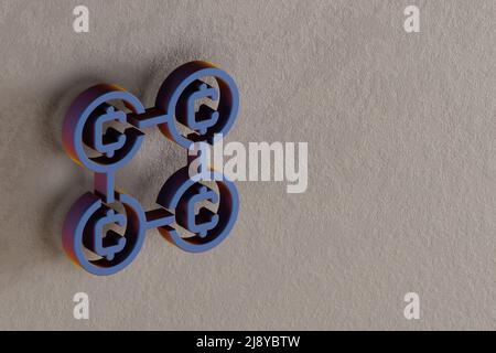 Schöne abstrakte Illustrationen blau Blockchain Coins Symbol-Symbole auf einer Wand auf dem Hintergrund. 3D Rendering-Illustration. Hintergrundmuster für de Stockfoto