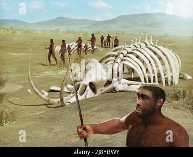 Ein Stamm menschlicher Vorfahren, Homo Erectus, wandert durch die Savanne, vorbei an Mammutskeletten, 3D Render. Stockfoto