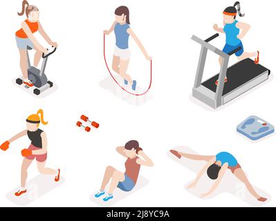 Fitness Frauen im Fitnessstudio, Gymnastik und Yoga-Übungen. 3D isometrische Symbole. Sport Menschen, Gesundheit und Springseil, Vektor-Illustration Stock Vektor