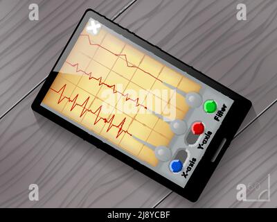 Seismograph App Vektor-Benutzeroberfläche. Bildschirm und Gerät, Erdbeben und Welle, seismische Grafik Stock Vektor