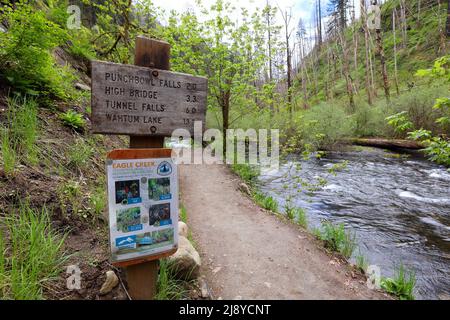 Ein Schild mit der Angabe der Entfernung zu den Sehenswürdigkeiten auf dem Eagle Creek Trail, Columbia River Gorge, Oregon; mit einem zusätzlichen Schild, das Freiwilligen für die tr Stockfoto