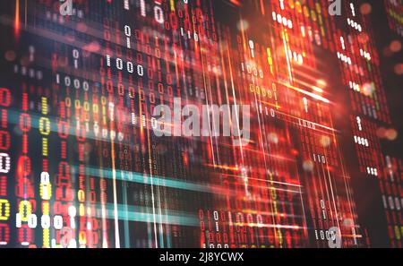 Abstrakter Binärcode. Cloud-Daten. Blockchain-Technologie. Digitaler Cyberspace. Big Data Concept 3D – Illustration Stockfoto