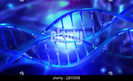 DNA-Helix 3D-Abbildung. Mutationen unter dem Mikroskop. Entschlüsselung des Genoms. Virtuelle Modellierung chemischer Prozesse. Hightech in der Medizin Stockfoto